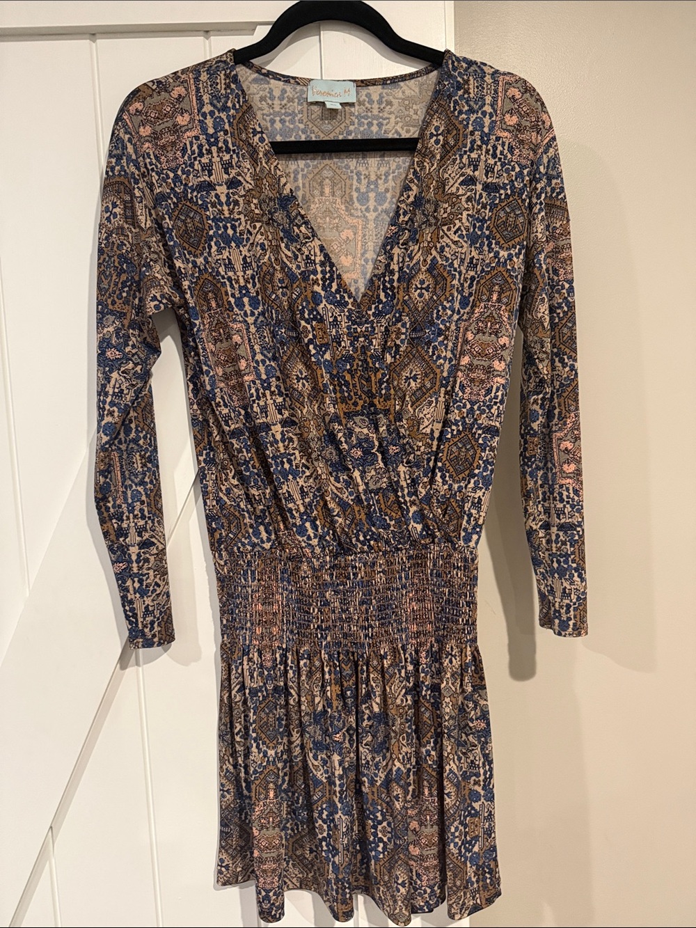 Veronica M Navy, Brown & Blush Printed Wrap-Style Smocked Waist Dress - XS